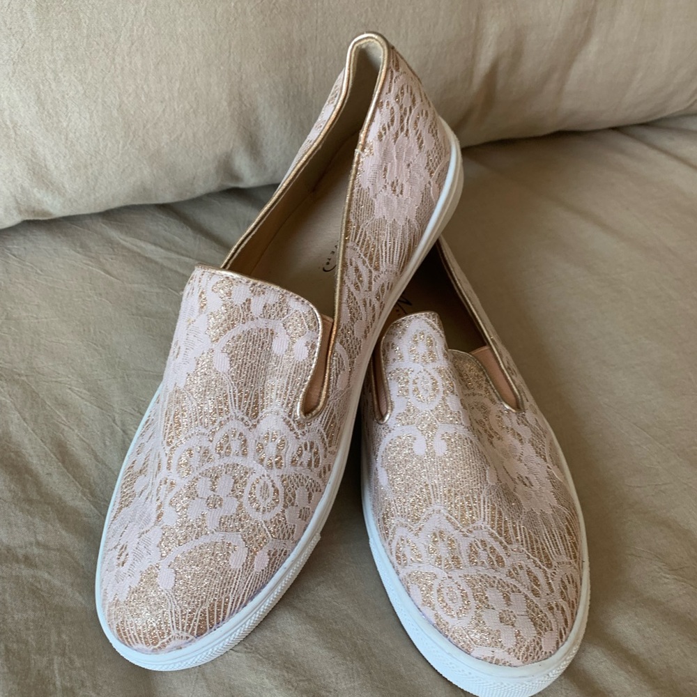 Pink with gold lace type loafer. Size 7.